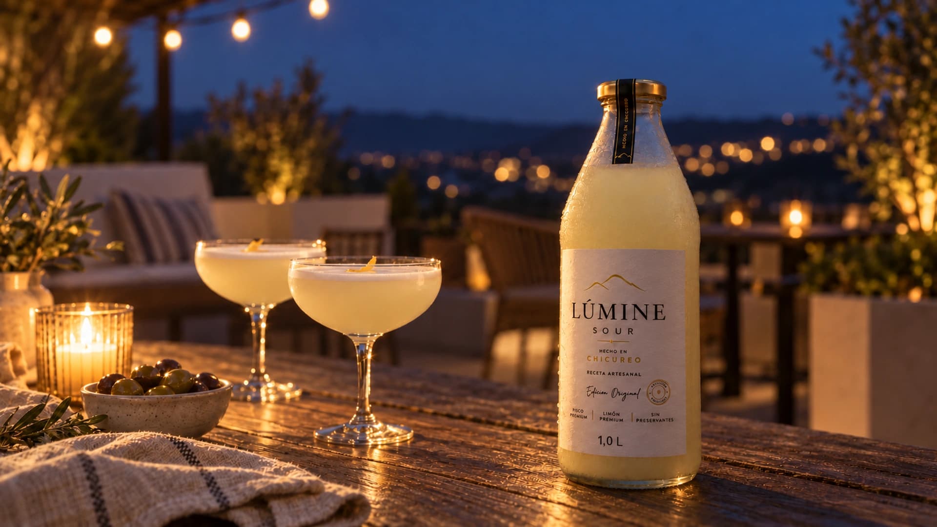 Botella de Lúmine Sour y dos copas servidas en una terraza de noche, con luces cálidas