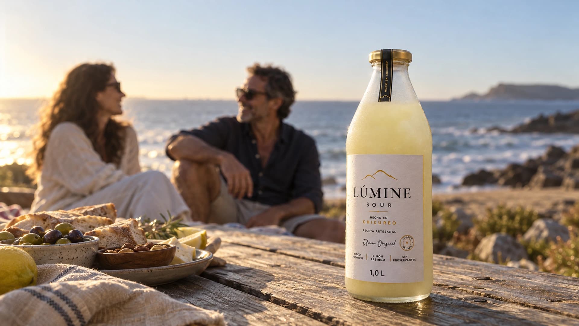 Botella de Lúmine Sour en un pícnic frente al mar al atardecer, con una pareja conversando